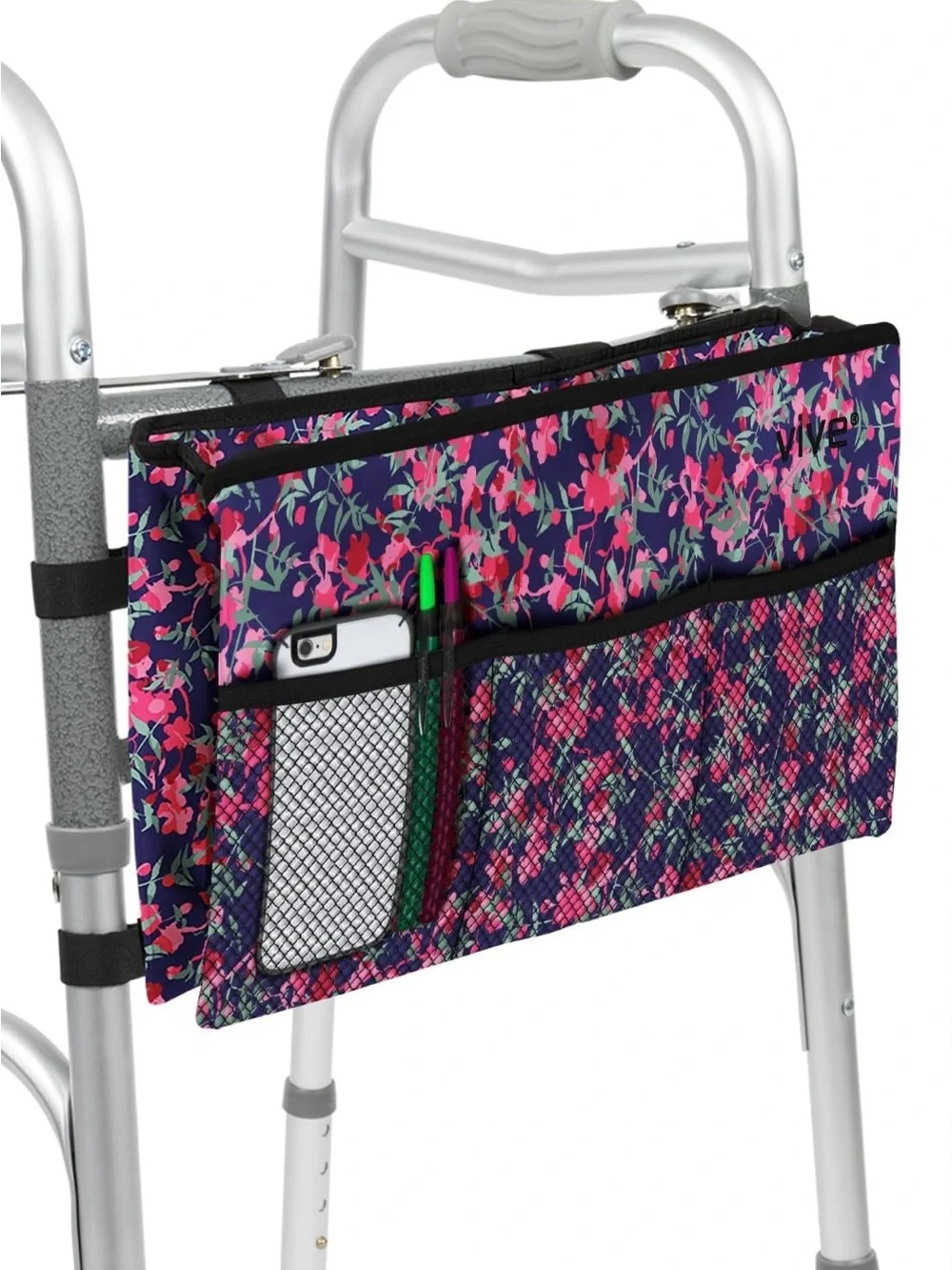 Floral Walker Accessory Organizer Bag in Navy Pink - Adjustable Pocket Pouch
